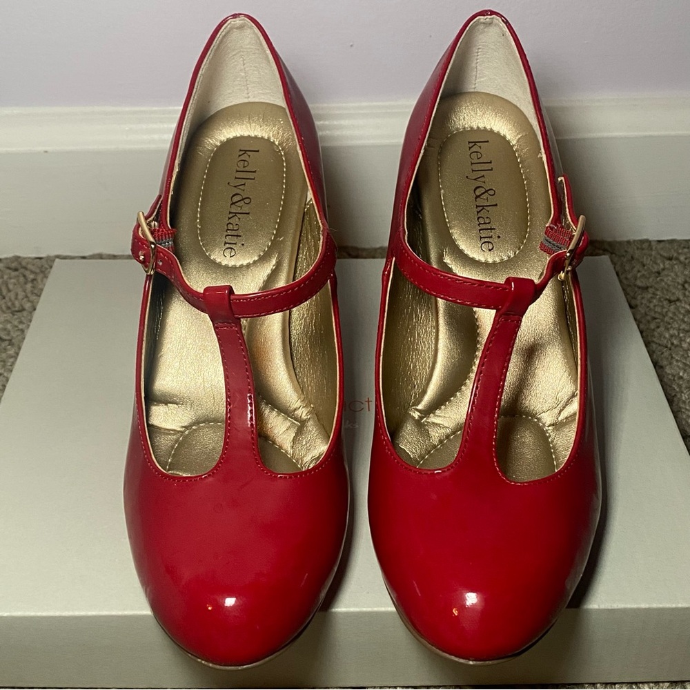 Kelly & Katie Red Patent T-Strap Heels with Gold Insole